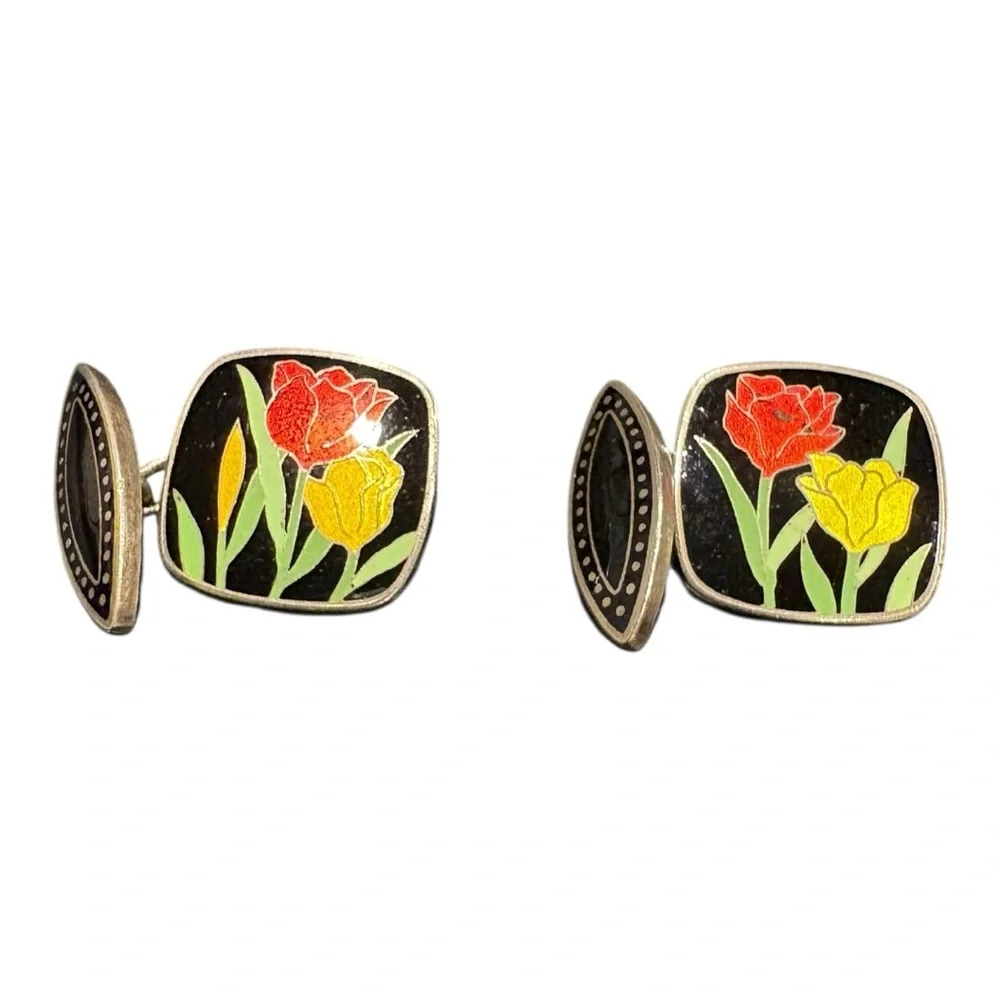 Vintage Sterling Silver Guilloché Enamel Cufflinks Tulips, Mid-Century Mod J16
